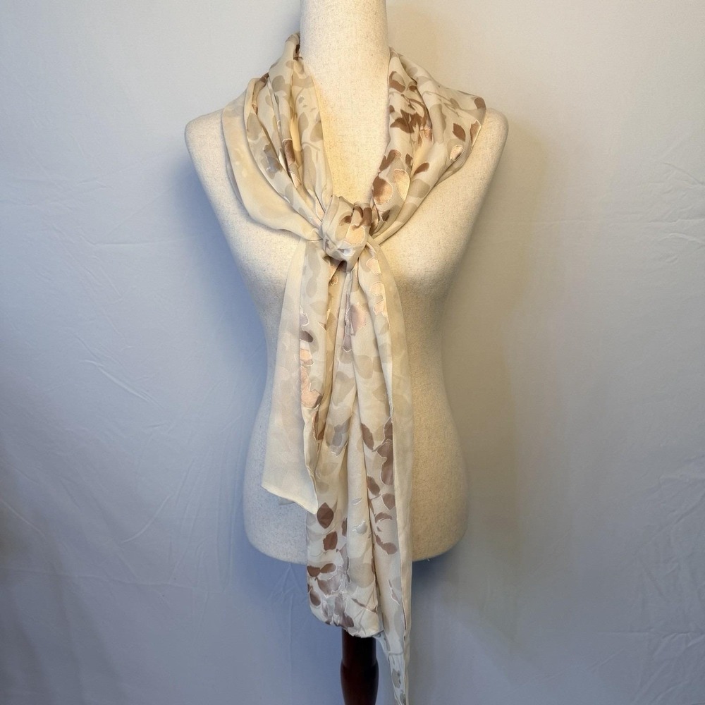 Elegant champagne Silk Scarf, with rose gold floral details quiet luxury ,70x 19